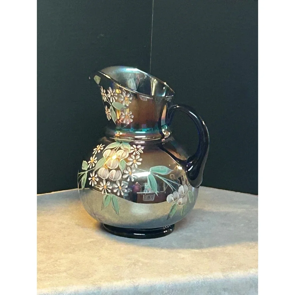 Northwood Cobalt Blue Iridescent Carnival Glass Enameled Cherries Pitcher 10